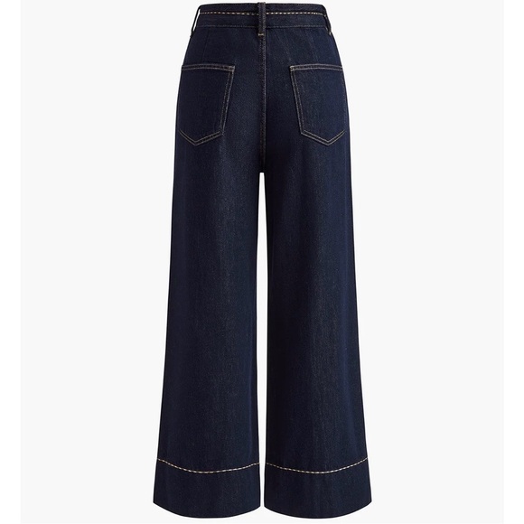 Commense Wide Leg Contrast Stitching High Rise Dark Wash Blue Denim Jeans XS - Picture 3 of 8